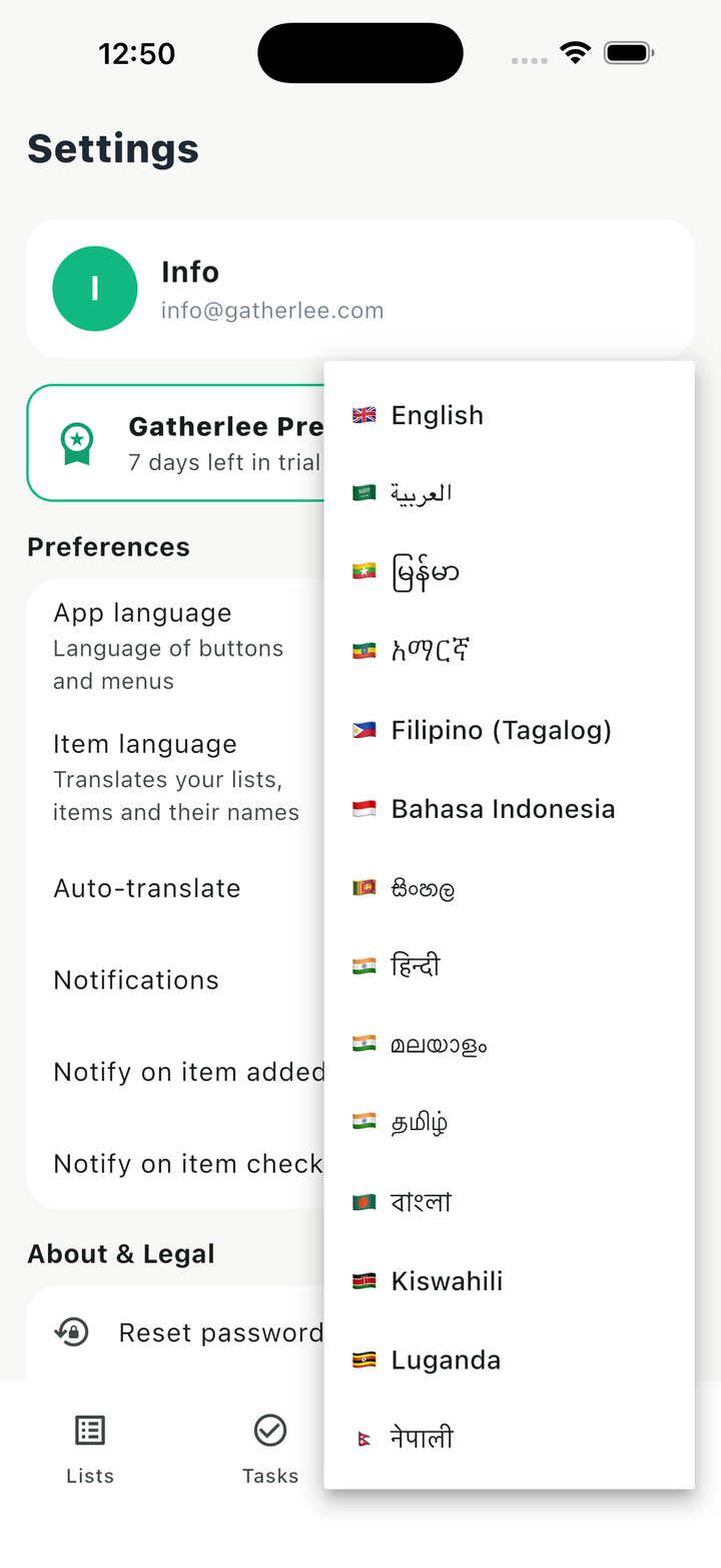 Language picker showing 15 languages