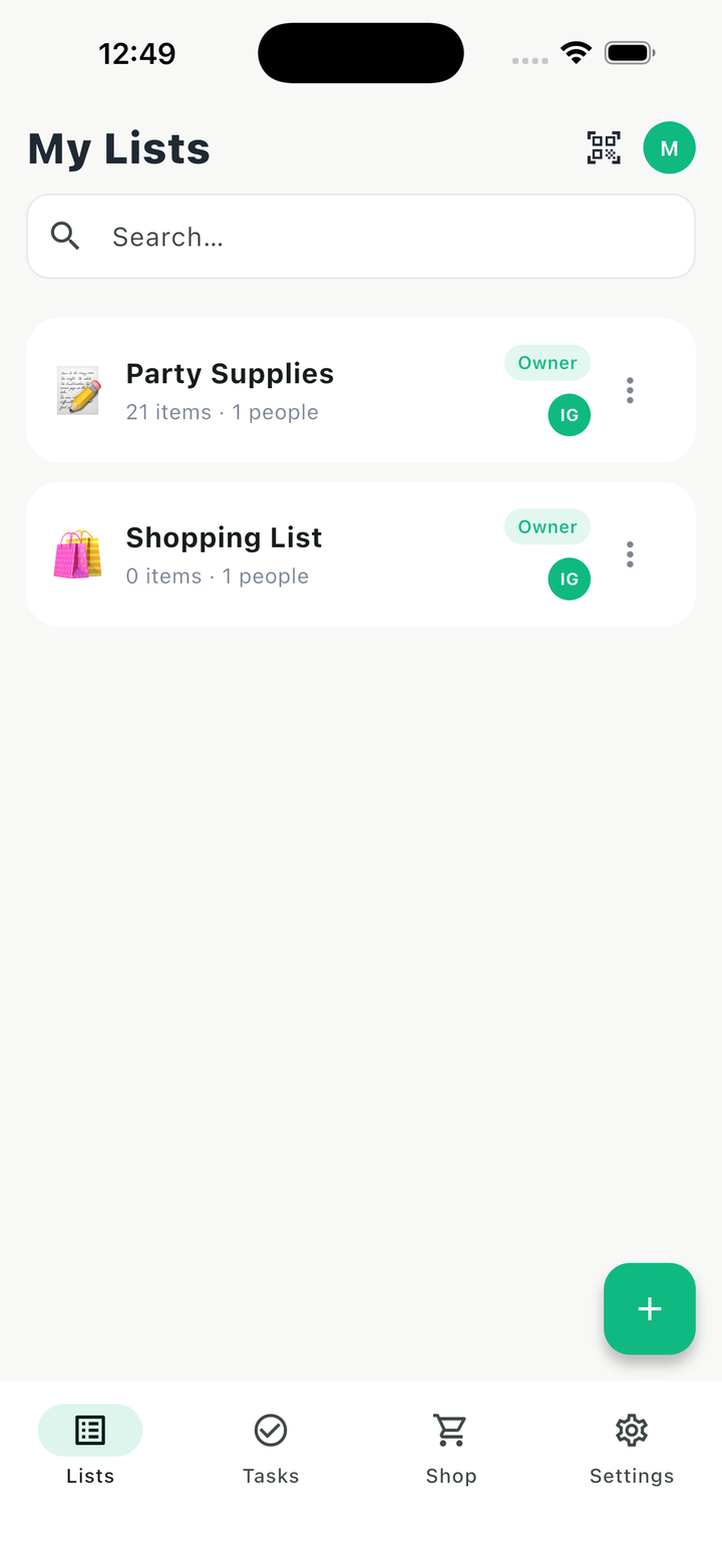 My Lists screen in Gatherlee