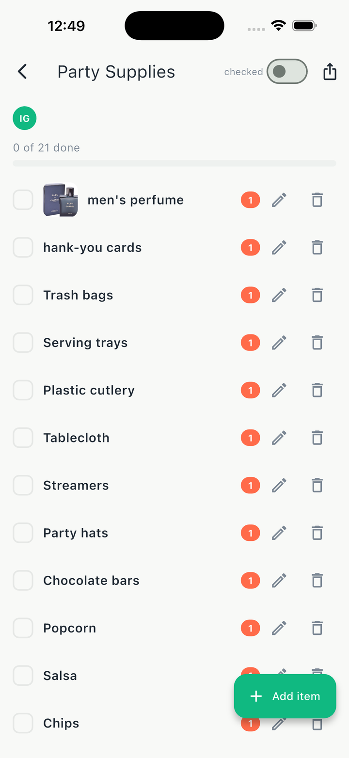 Party Supplies list with 21 items