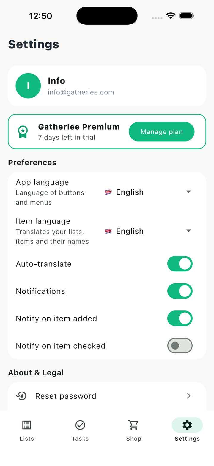 Settings screen showing app and item language